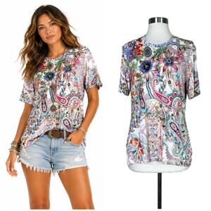 Johnny Was | Floral Paisley Patchwork Print Short Sleeve Multicolor Tee Top XS